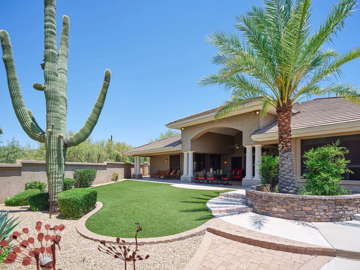 A wide exterior shot showing a large saguaro cactus, a grassy lawn, palm trees, and a covered patio furnished for relaxation. The spacious green area is ideal for kids and pets to play, while the patio provides shaded comfort for lounging or socializing.