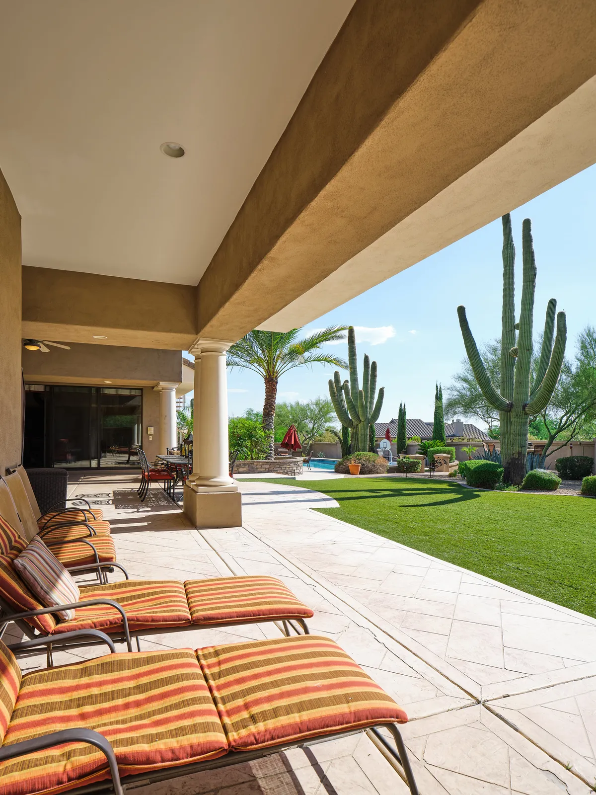 A tranquil backyard oasis with striped lounge chairs, a sparkling swimming pool, large cacti, and swaying palm trees. The setting is perfect for relaxation, entertaining, and enjoying sunset views after a day of activities.